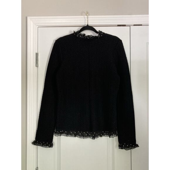 Dana Bachman Black Tan Polka Dot Ruffle Merino Wool Knit Jacket Cardigan Medium - Picture 6 of 8